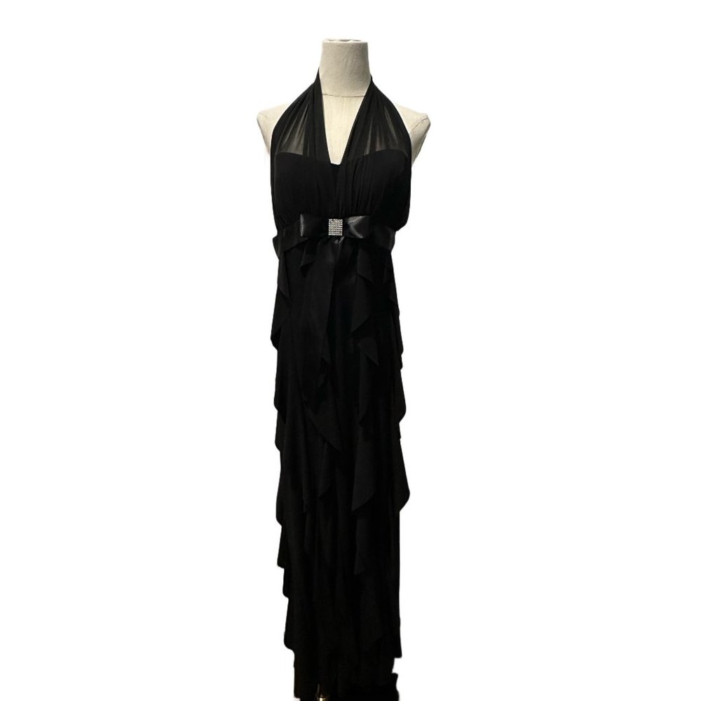 DJ-JAZ Womens Evening Gown Dress Backless Mesh Halter Rhinestones Ruffles Black